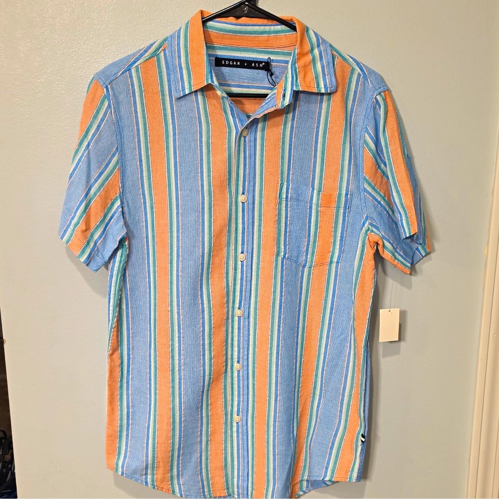 EDGAR + ASH Men's Woven Striped SS Button-Up Pockets M Blue/Orange #400